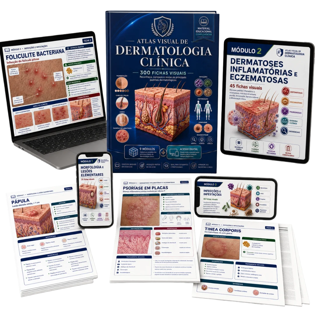 Mockup do Atlas Visual de Dermatologia Clínica em notebook, tablet, celular e folhas impressas