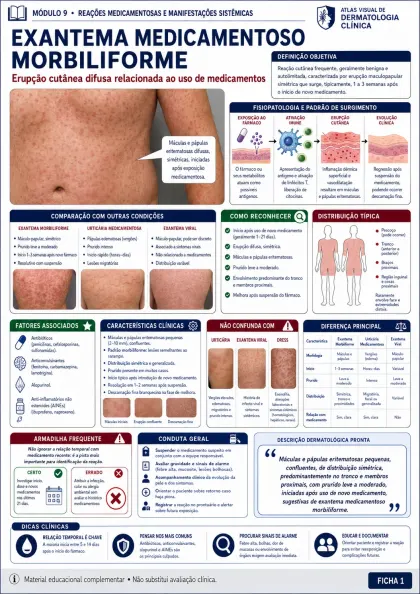 Ficha visual de dermatologia sobre exantema medicamentoso morbiliforme