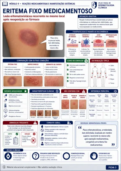 Ficha visual de dermatologia sobre eritema fixo medicamentoso