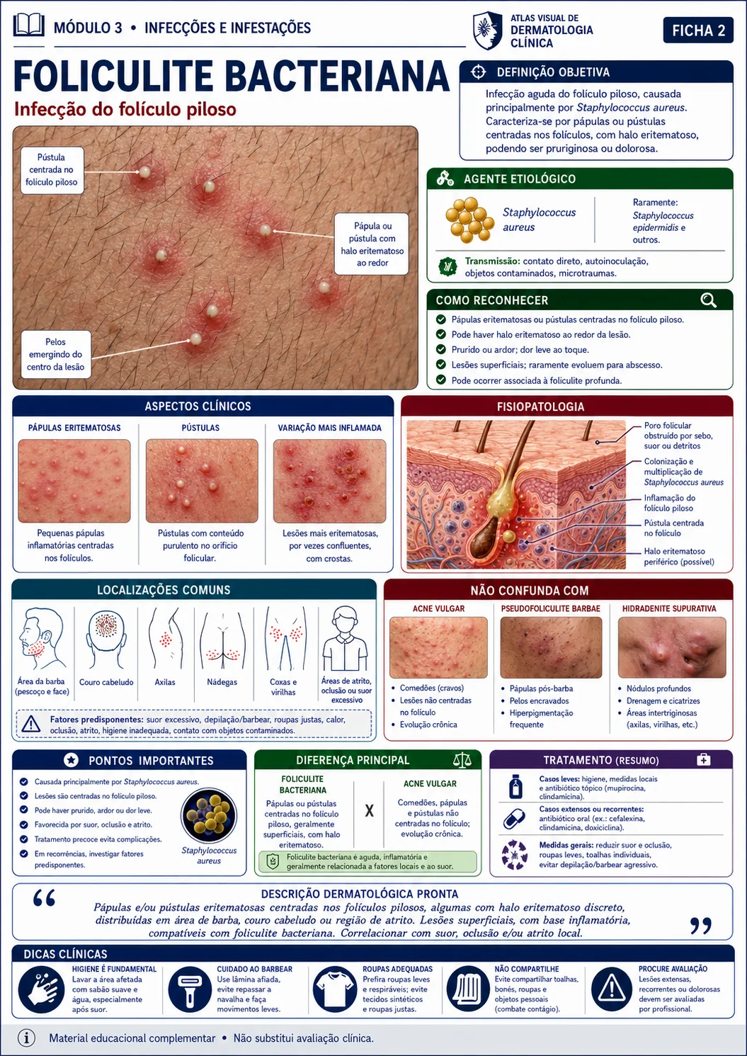 Ficha visual de dermatologia sobre foliculite bacteriana