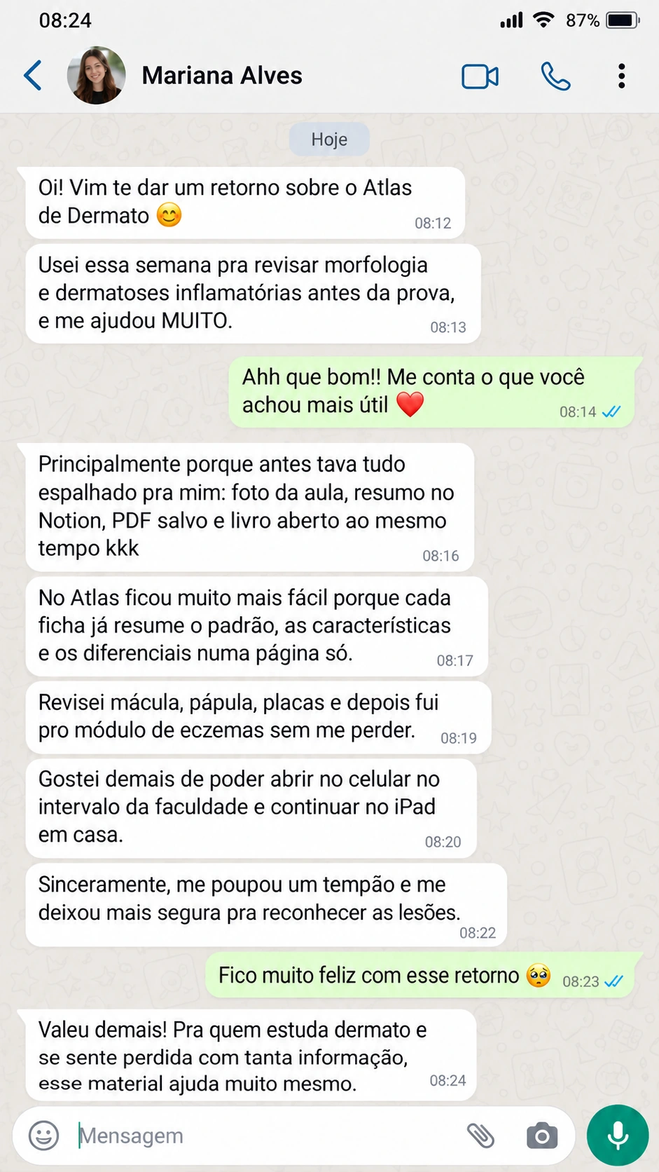 Depoimento de Mariana Alves sobre o Atlas Visual de Dermatologia Clínica em uma conversa no WhatsApp